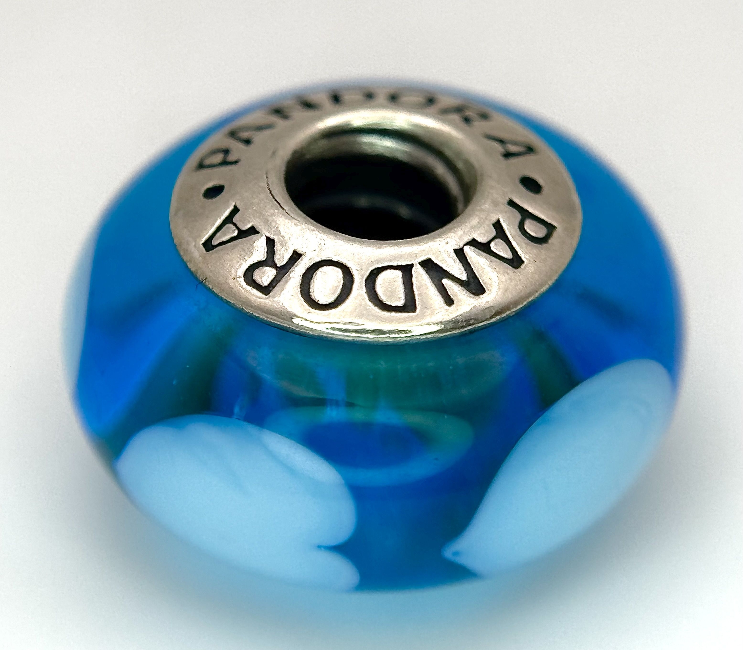 A Pandora, Sterling Silver, Murano Glass, Retired, Blue Hearts Charm