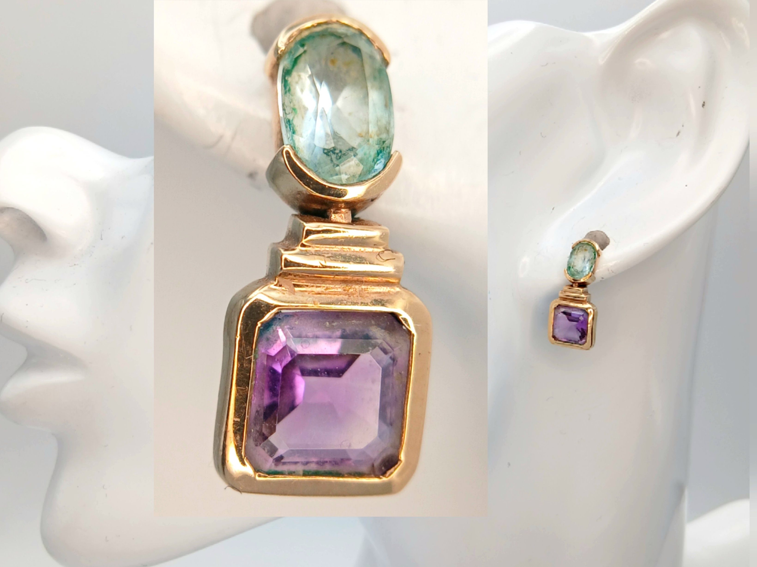 A Pair of 9K Gold, Amethyst and Rutilated Quartz Earrings