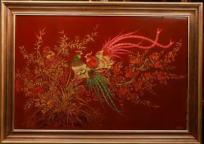 "Birds" by Thanh. 80 x 120. Lacquer. Signed lower right.Artist known as Thanh. Limited 