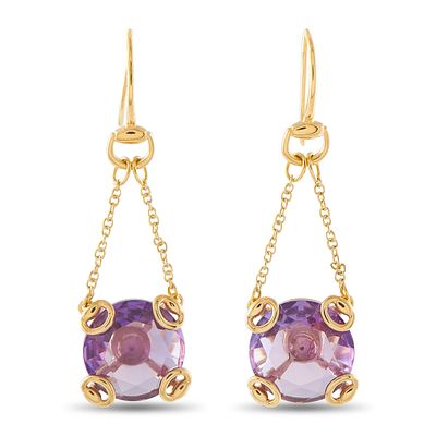 A pair of Gucci Horsebit 18K Yellow Gold Purple Gemstone Dangle Earrings. Each earring features 