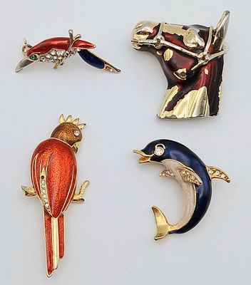 A Parcel of Four Gold Gilded and Enamel Vintage Animal Brooches. 4 to 6cm Length