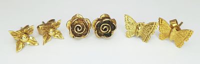 Three Different Style Pairs of 9K Gold Stud Earrings. 3g total weight.
