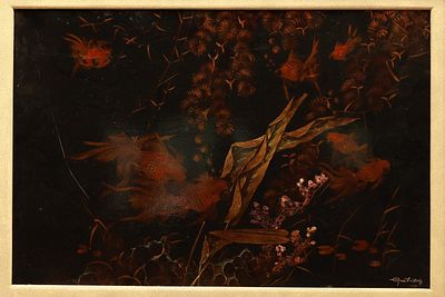 "Goldfish", 20th Century. 40 x60 cm. Lacquer. Signed lower right. Artist unknown. This work is 