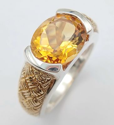 A Sterling Silver and Gold Gilded Weave Detail Citrine Ring Size M. The Ring is set with a 10 x 