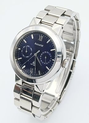 A Accurist, Blue Dial, Steel Bracelet Watch. In Full Working Order. New Battery Fitted 