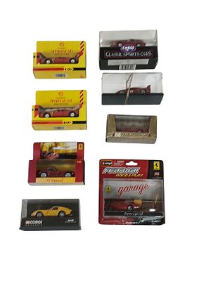 Eight 1/43 scale die cast Ferrari models. Good condition.