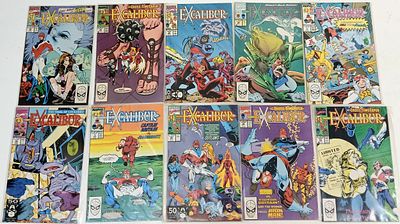 Ten Marvel Excalibur Comics. All plastic wrapped. Please refer to photos for finer details.