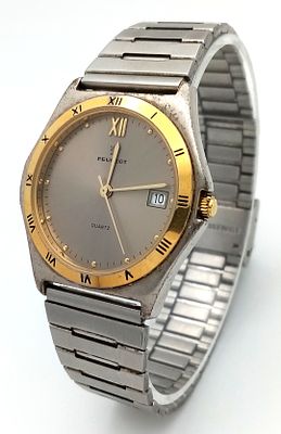 A Vintage Peugeot Quartz Watch. Stainless steel bracelet and case - 34mm. Gold tone bezel. 