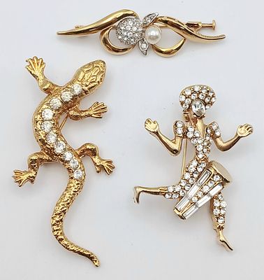 A Parcel of Three Vintage Gold Gilded Crystal Set Brooches Including Art Deco Design