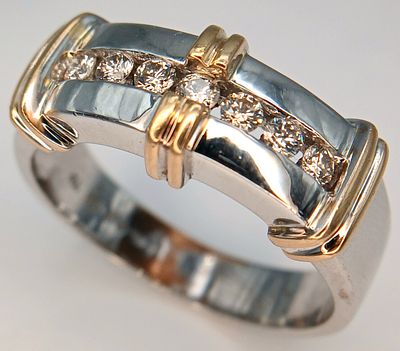 A 14K White Gold, With Yellow Gold Accents, Diamond Set Ring. 0.35Ctw. 8.7G, Size X. Sc 3054