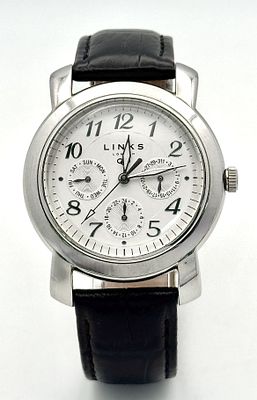 A Links of London Stylish Quartz Movement Gents Watch. Black leather strap. Stainless steel 