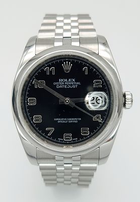 A Rolex Oyster Perpetual Datejust Gents Watch. Stainless steel bracelet and case - 36mm. Black 