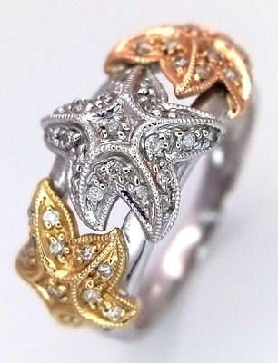 A 14K White Gold, With Rose And Yellow Gold Accents, Diamond Set, Starfish Design Ring. 4.8G 