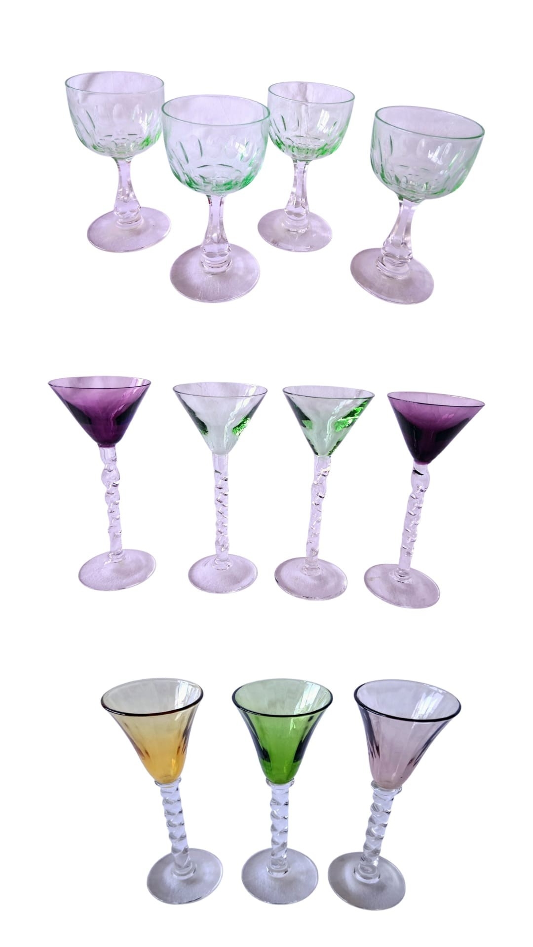 Three sets of vintage art deco Uranium aperitif glasses