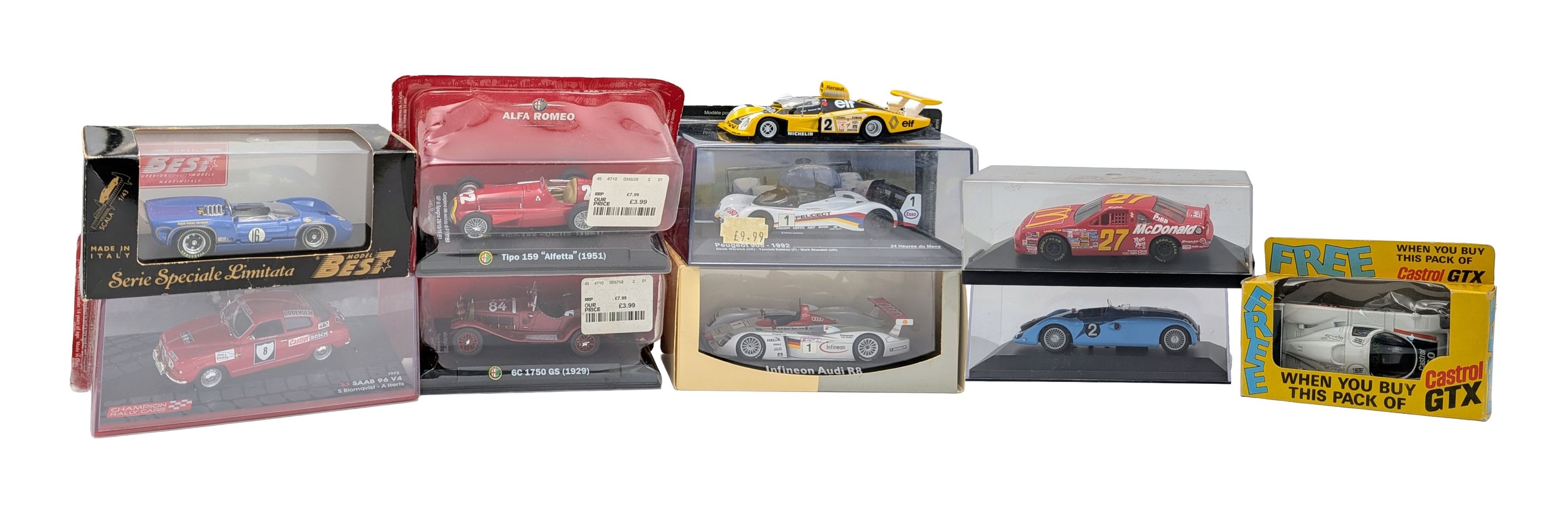 Ten 1/43 scale dicast motorsport model cars