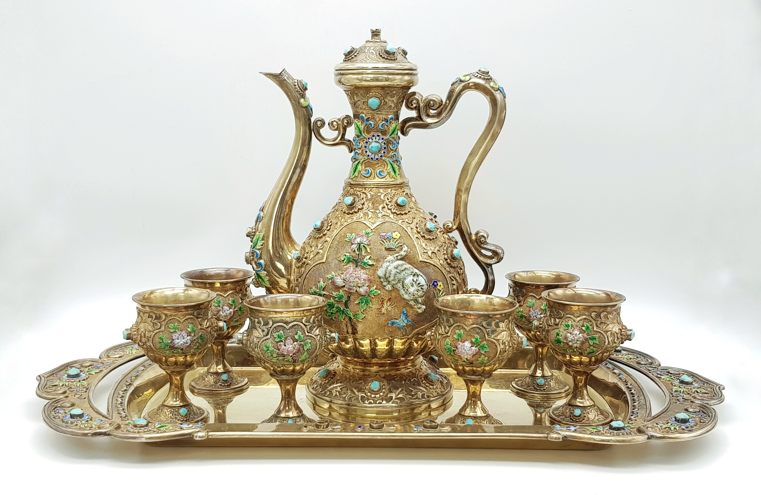 A Magnificent Chinese 20th Century, Solid Silver and Enamel Tea Set and Tray