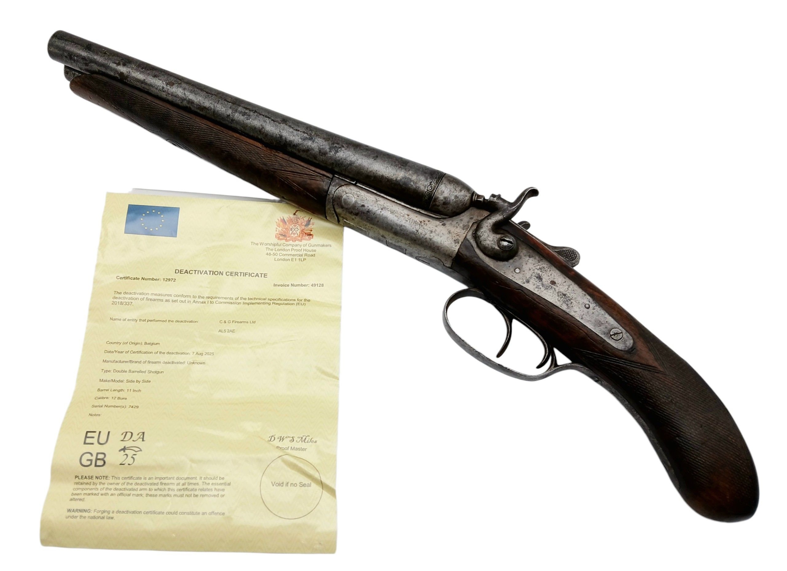 A Deactivated Belgium, 12 Gauge Sawn-Off Double Barrelled Shotgun