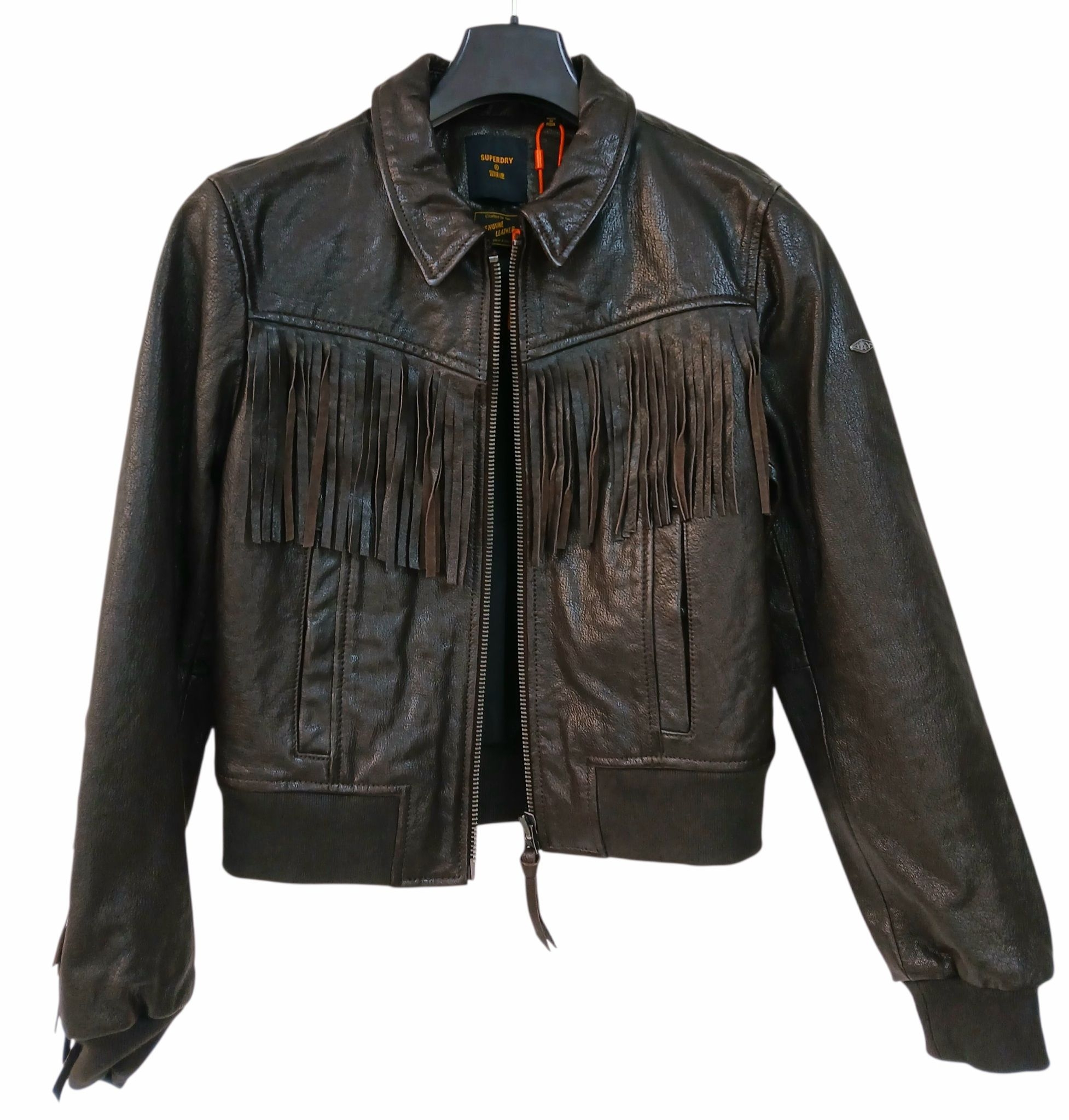A Superdry Brown Leather Fringe Jacket