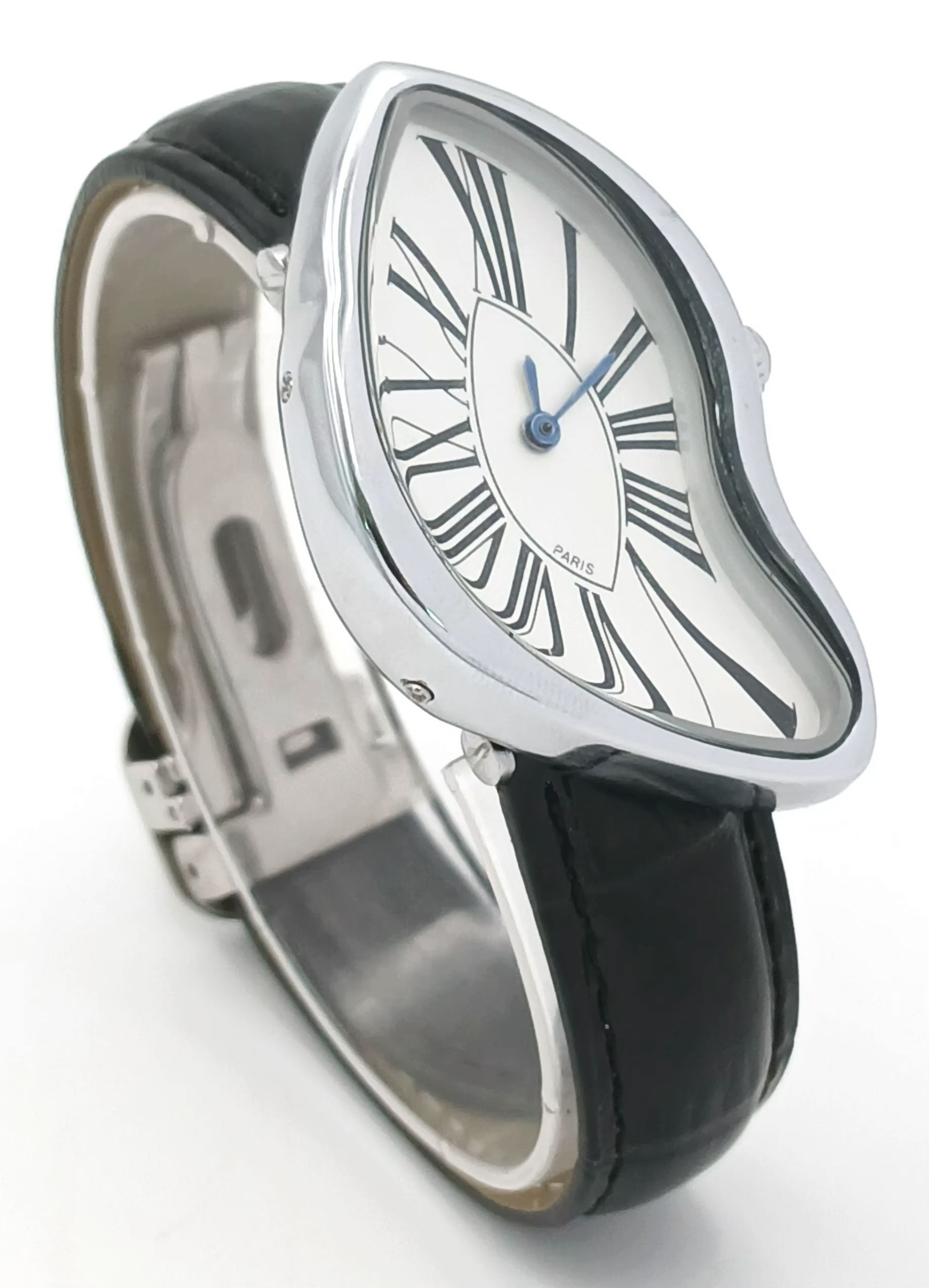 A fashion Quartz watch with abstract case, white dial and Roman numerals