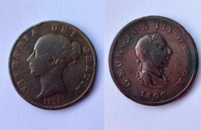 1806 GEORGE III HALF PENNY together with 1854 Queen Victoria Young Head Half
