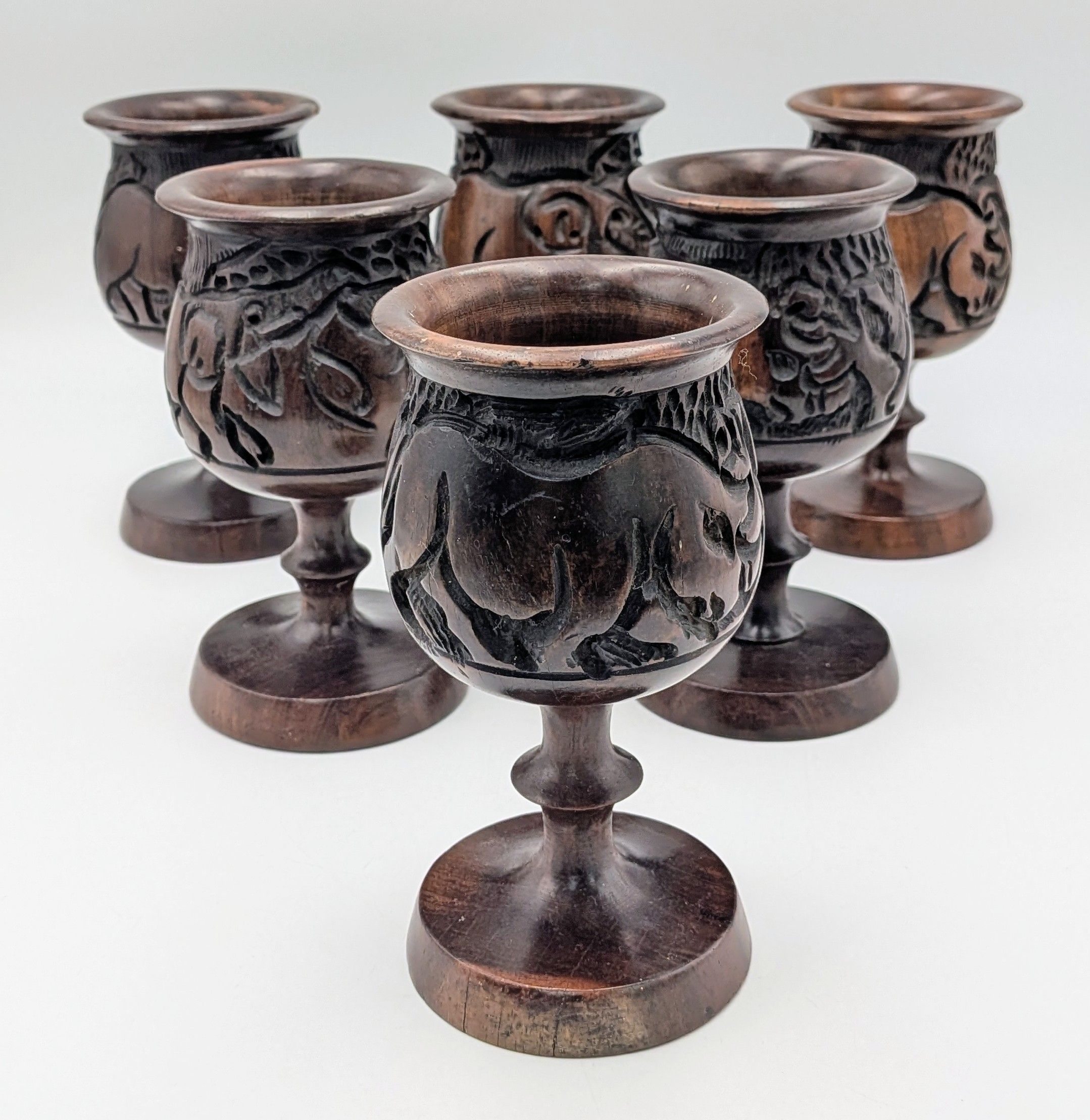 A Set of Six Carved Wooden Goblets