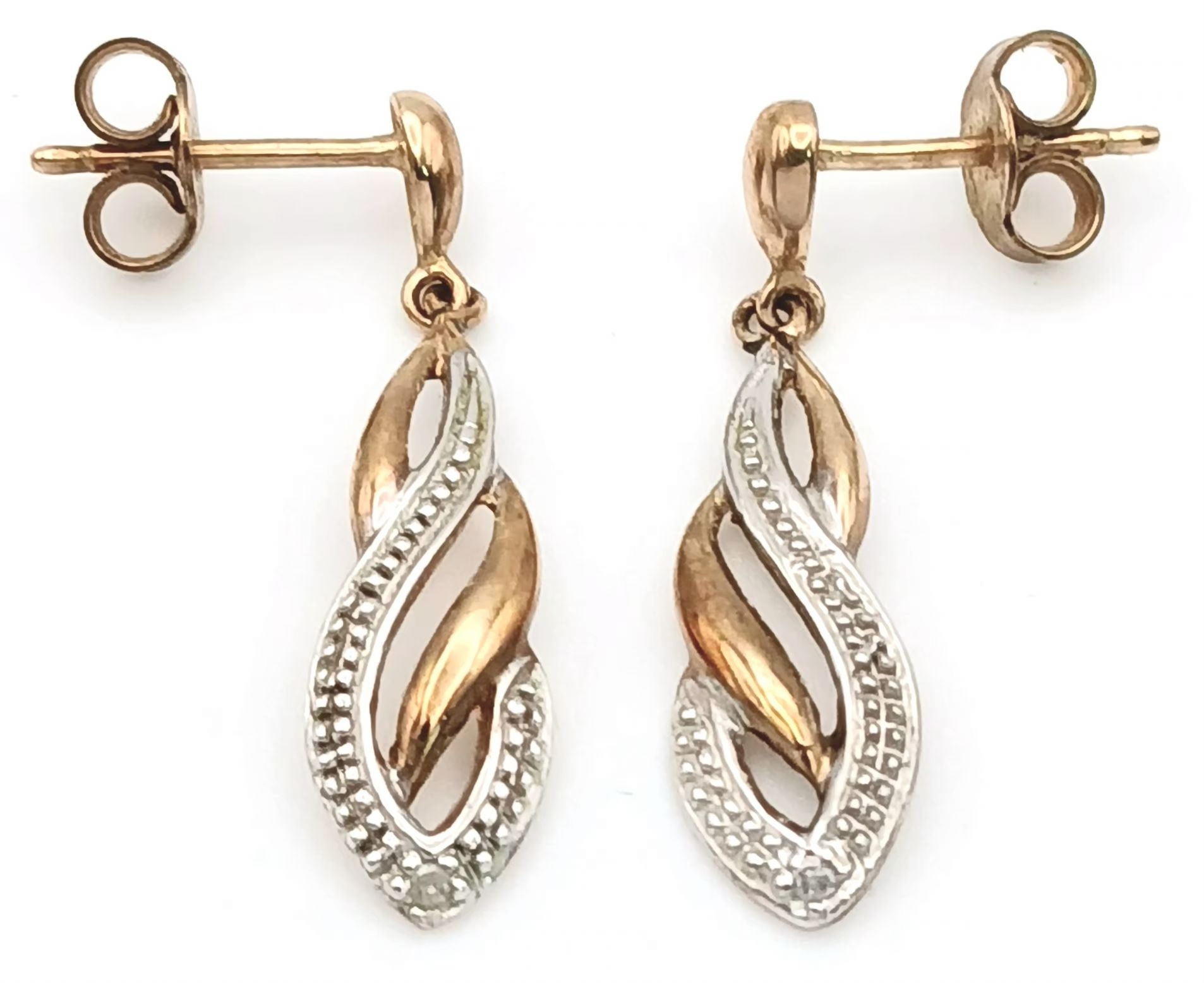 A Pair of 9K Yellow and White Gold Drop Earrings in Leaf Form