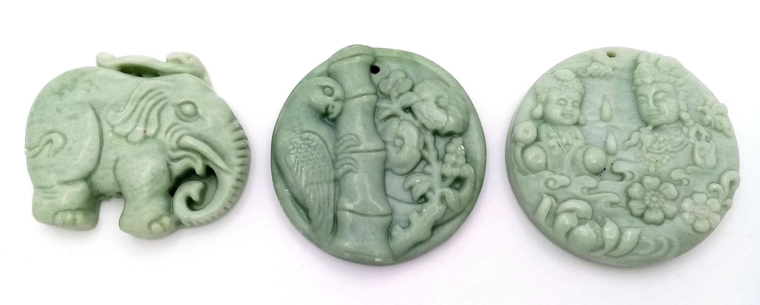 Three Different Themed Asian Greenstone Pendants