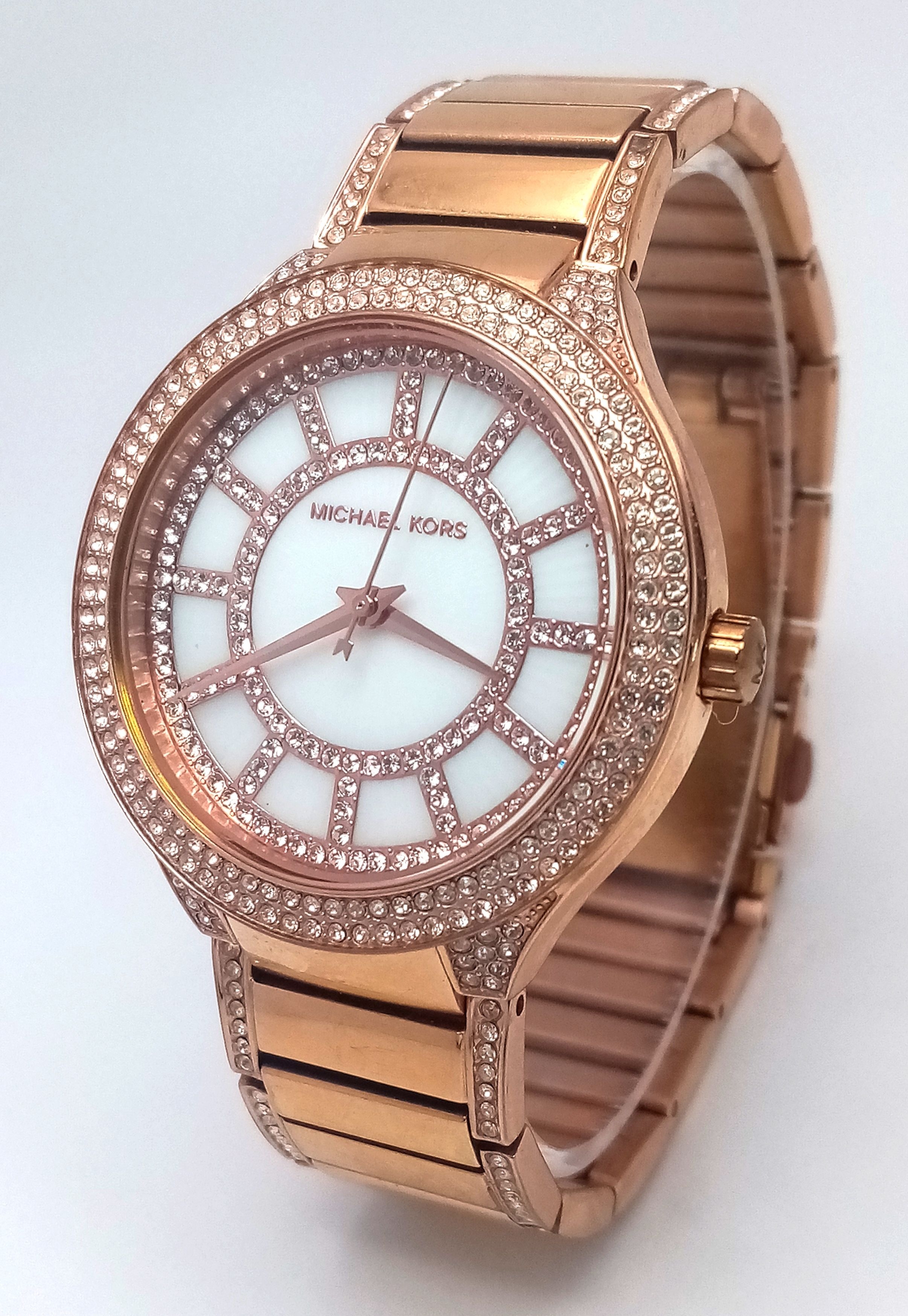 A MICHAEL KORS, ROSE GOLD TONE, STONE SET, BRACELET WATCH