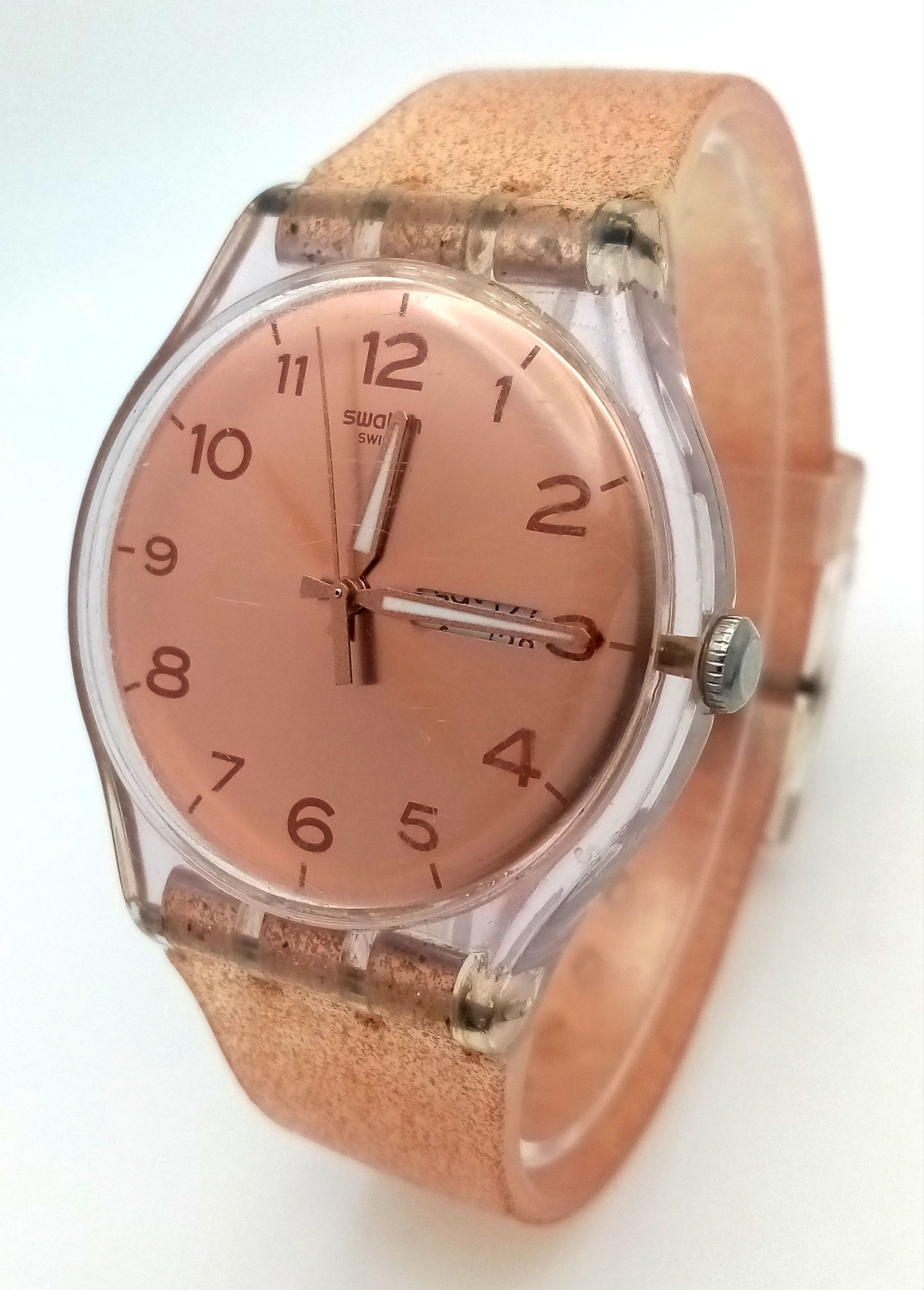 A SWATCH, PINK GLISTAR, BIG FACE, RUBBER STRAP WATCH