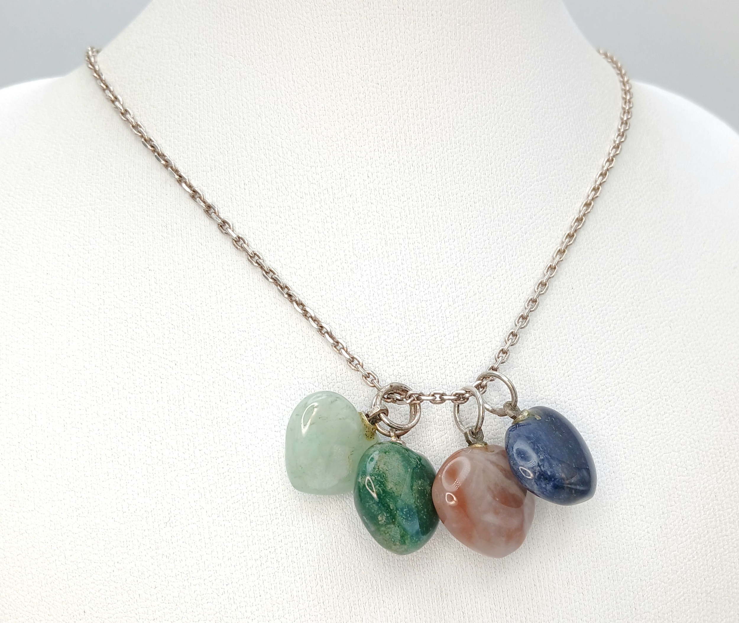 A Colourful 925 Sterling Silver Multi-Gemstone Drop Necklace – 48cm Length