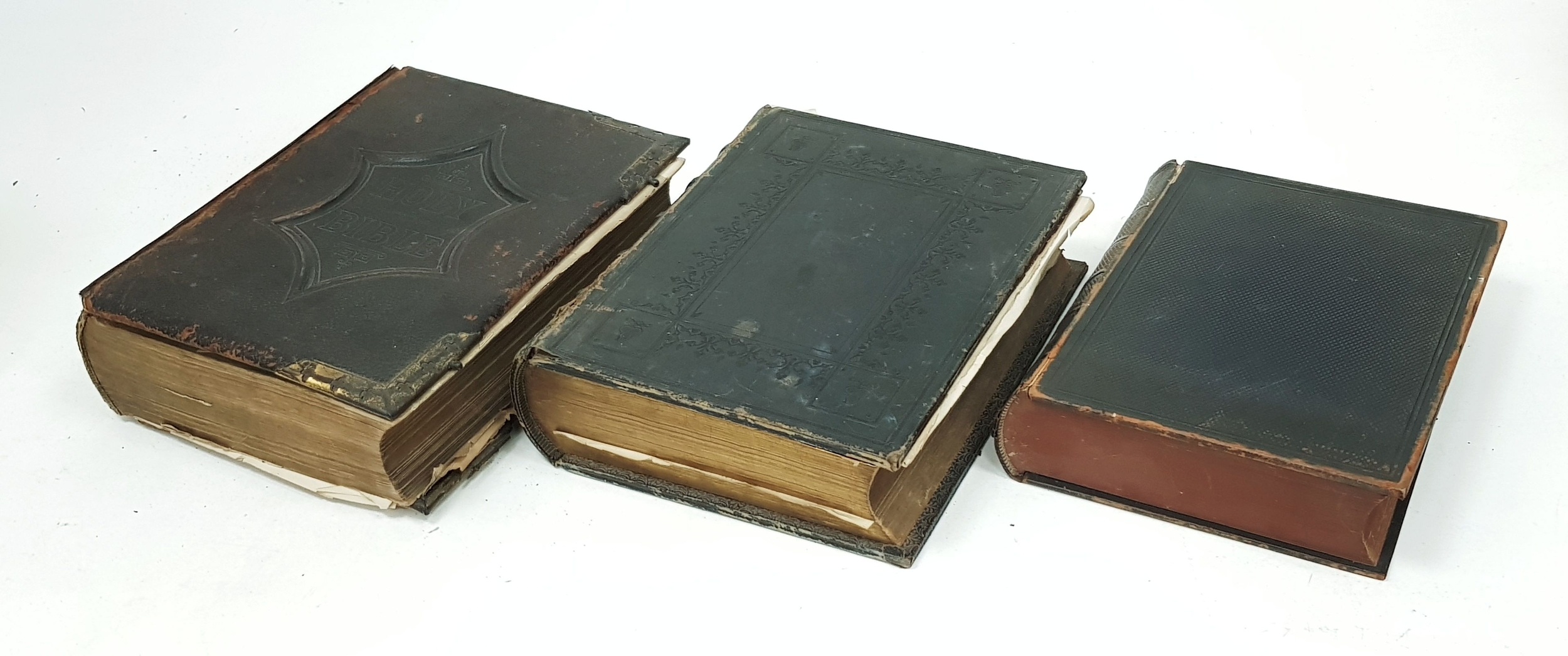 3 ANTIQUE LEATHER BOUND BIBLES DATING FROM EARLY 19TH CENTURY TO INCLUDE