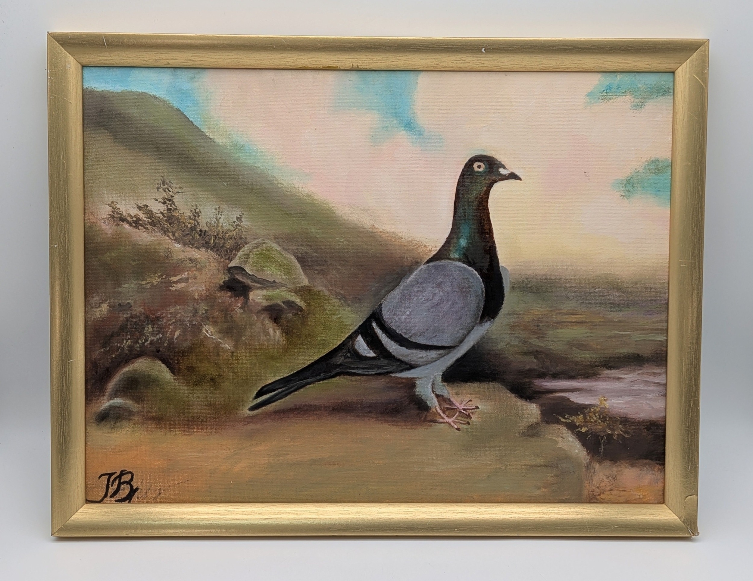 AN OIL ON CANVAS PAINTING OF A RACING PIGEON WITH ARTISTS INITIALS IN BOTTOM