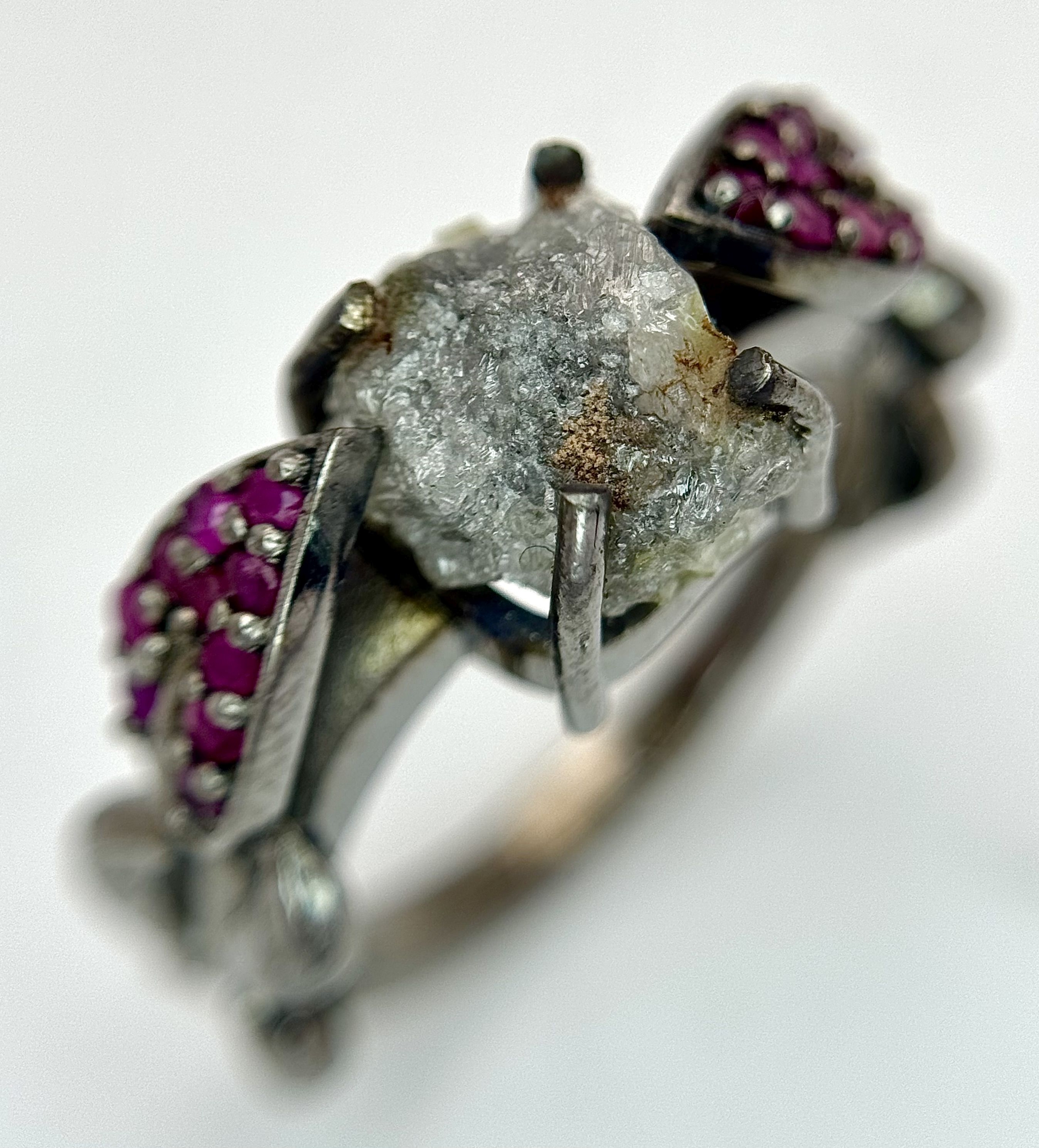 A 3ct Raw Grey Diamond Ring with Ruby Accents, set in 925 Silver