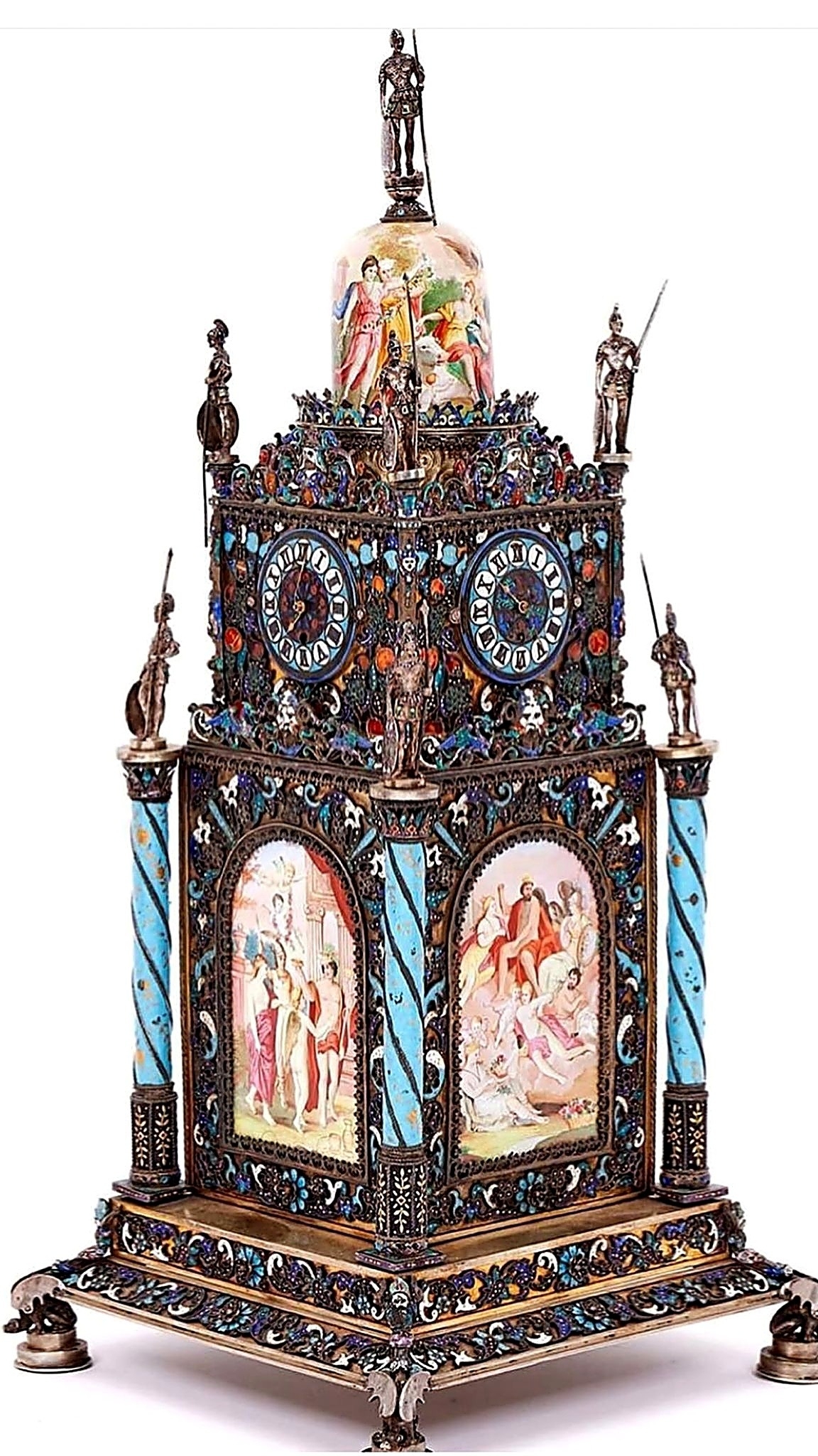 A Rare Antique 19th Century Austrian Large Solid Silver and Enamel Tower Clock