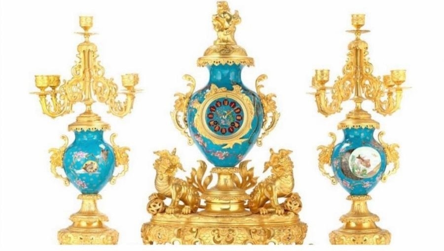 A Magnificent French 19th Century gilt bronze and champleve enamel porcelain