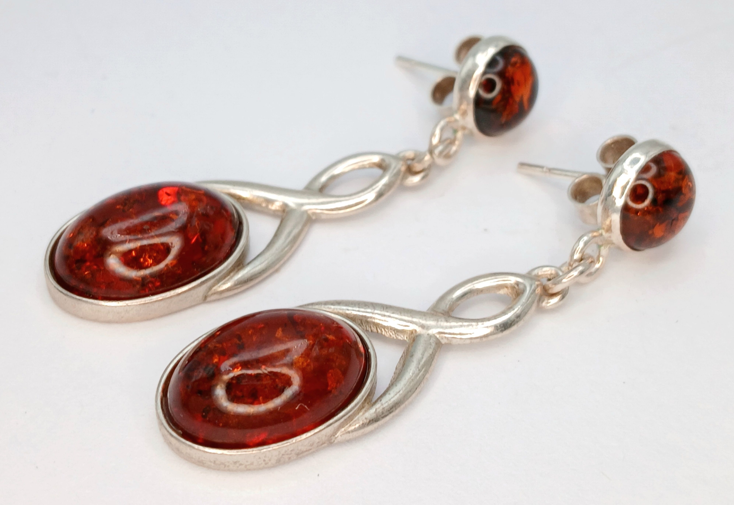 A Pair of 925 Sterling Silver Amber Drop Earrings