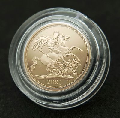 A 2021 Royal Mint Gold Proof Full Sovereign Coin. Featuring the classic St George and the 