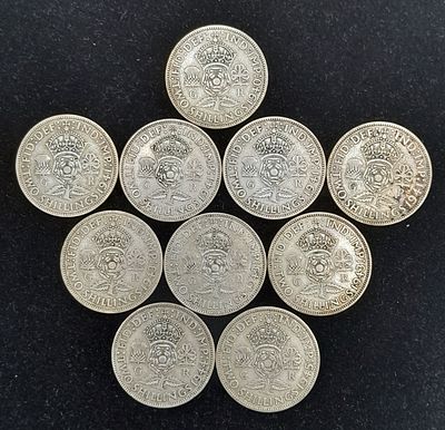 Ten Pre 1947 British Two Shilling Silver Half Crown Coins. 111.6g.