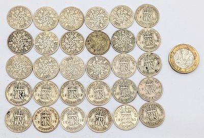 Thirty Pre 1947 British Silver Sixpence Coins. 82g