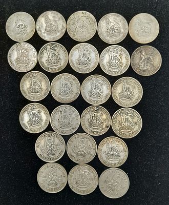 Twenty-Four Pre 1947 Silver Shilling Coins. 133g.