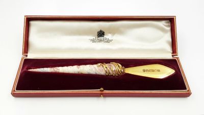 A Stunning Asprey of London Antique 18K Gold and Diamond Shell Letter Opener. Packaged in 