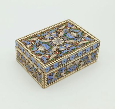 A Fascinating Antique Russian Enamel Cloisonn&eacute; Solid Silver Trinket Box. 10.5 x 7.5cm. 378g