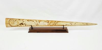 An Antique (1890s) Swordfish Horn Bill - Deeply Hand-Carved with Japanese Koi Fish and Flower 