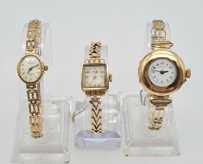 A collection of three 9 K yellow gold ladies watches (Rolex, Rotary &amp; Sovereign). Total 
