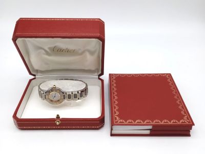 Ladies Cartier watch with steel and 18k gold roman numerals, original box and paperwork, in 