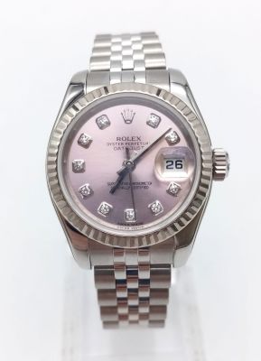 A LADIES ROLEX OYSTER PERPETUAL DATEJUST WHITE GOLD AND STEEL, WITH PINK FACE AND DIAMOND 