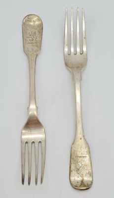 Two Antique T. Cox Savory of London Silver Forks. 110g total weight.