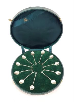 Antique Portuguese solid silver set of 11 spoons (originally 12 but one is missing) in original 