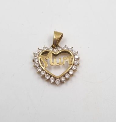 A 9K Yellow Gold CZ MUM Heart Pendant - 1.4g