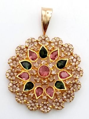 A vintage, 18 k yellow gold pendant with diamonds and coloured tourmalines. Dimensions: 27 x 